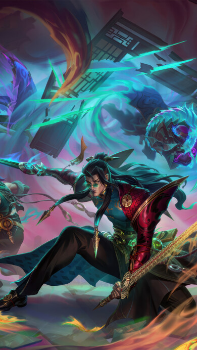 A stunning 4K wallpaper showcasing the Fied Queller skins for Yone, Varus, Pyke, and Swain in Wild Rift. Each champion is highlighted in their distinctive, fierce outfits, captured in an epic and dynamic display within the vibrant world of Wild Rift.