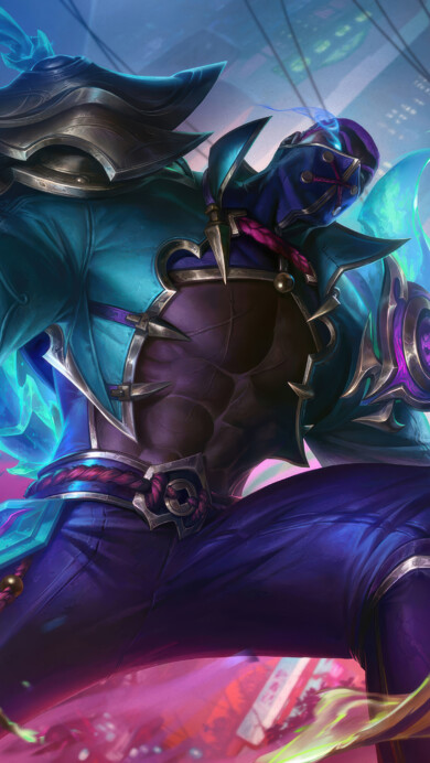 A striking 4K wallpaper featuring the Fiend Queller Pyke skin from Wild Rift. Pyke, the Bloodharbor Ripper, is depicted in a menacing stance, adorned in spectral armor, as he hunts down his prey in a haunting, shadowy setting. The wallpaper captures the dark, otherworldly essence of the Fiend Queller skin.