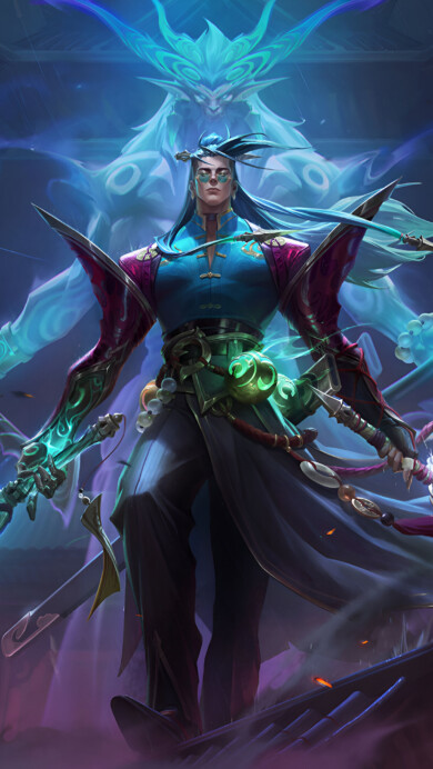 A striking 4K wallpaper featuring the Fiend Queller Yone skin from League of Legends. Yone, the Unforgotten, stands tall, adorned in spectral armor as he wields his dual blades, exuding a powerful aura of justice and vengeance in a hauntingly ethereal realm.