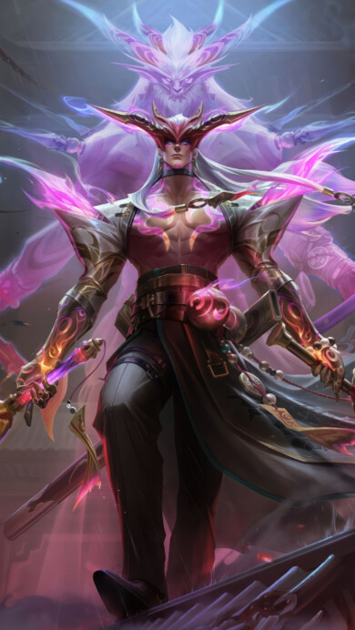 A stunning 4K wallpaper featuring the Fiend Queller Yone skin from Wild Rift. Yone, the dual-wielding spirit slayer, is depicted in a fierce stance, donning his Fiend Queller armor, radiating mystical energy as he battles dark forces in the vibrant world of Wild Rift.