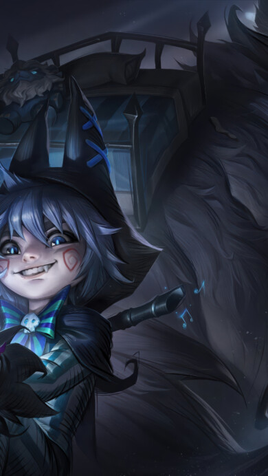 A chilling 4K wallpaper featuring the eerie Fright Night Nunu skin from League of Legends. Nunu, along with his trusty yet terrifying companion Willump, is showcased in a hauntingly playful scene, surrounded by spooky Halloween-themed elements that evoke a sense of dark mischief and frightful fun.