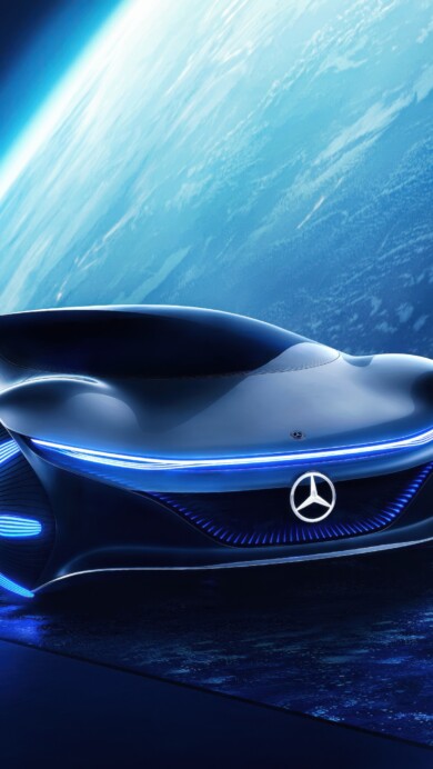A breathtaking 4K wallpaper featuring the futuristic Mercedes-Benz VISION AVTR concept car in outer space. The sleek design of the vehicle is highlighted against a cosmic backdrop, evoking a sense of innovation and exploration.