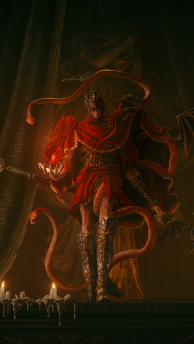 A stunning 4K wallpaper featuring the enigmatic Messmer from Elden Ring: Shadow of the Erdtree. Messmer is depicted standing against a haunting backdrop of twisted roots and ancient ruins, with ethereal light illuminating the decaying landscape, evoking the mysterious and foreboding atmosphere of the game.