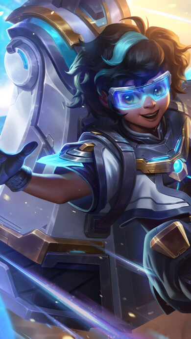A stunning 4K wallpaper featuring the Pulsefire Milio skin from League of Legends. This high-resolution image showcases Milio in his futuristic armor, surrounded by vibrant blue and purple energy effects, capturing the essence of the Pulsefire universe. Perfect for desktop or mobile backgrounds for fans of the game.