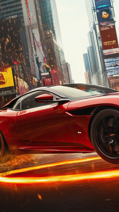 A stunning 4K wallpaper featuring a vibrant red car surging through intense flames. The dynamic scene captures the car racing forward with fiery energy, creating a dramatic and powerful visual, perfect for a high-resolution desktop or mobile background.