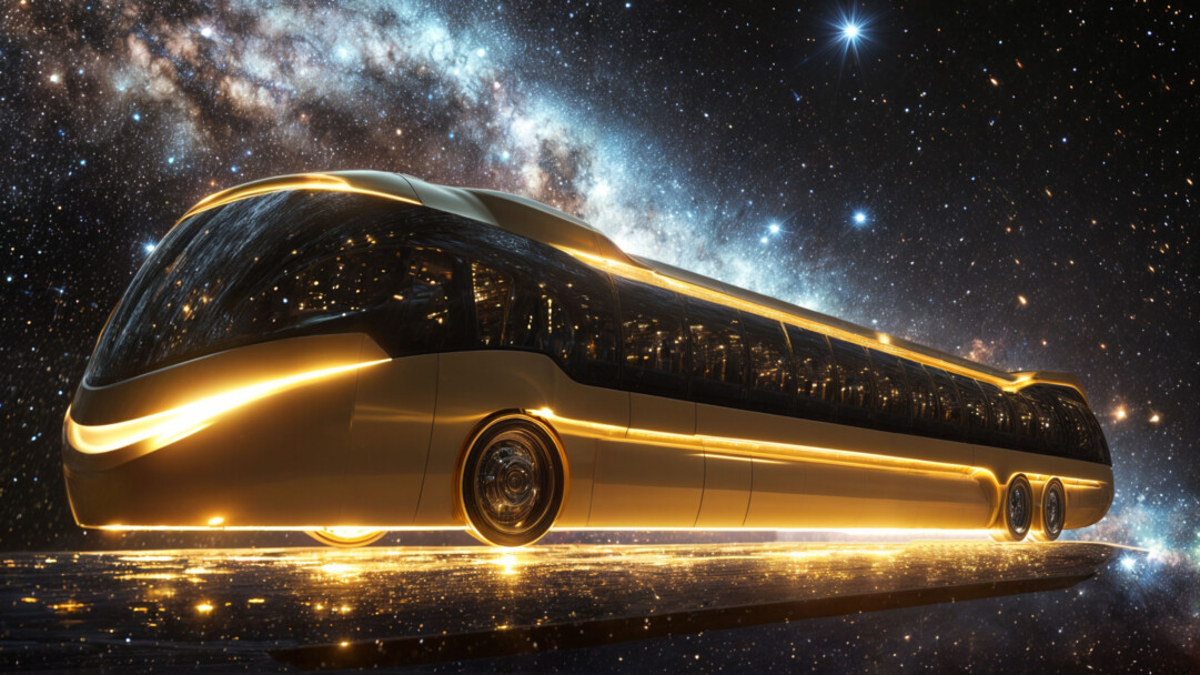 A mesmerizing 4K wallpaper featuring a futuristic space bus traveling through the cosmos, surrounded by distant stars and a vibrant galaxy backdrop. This stunning AI-generated artwork brings space travel to life with intricate details and a high-tech design, perfect for your desktop or mobile screen.