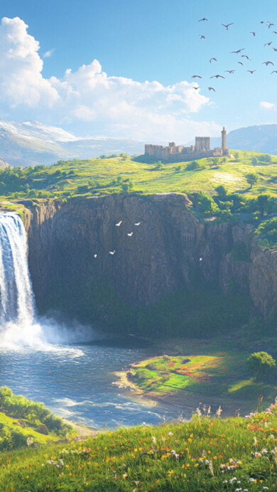 A stunning 4K wallpaper featuring a majestic waterfall cascading through lush green hills. The vibrant foliage and crystal-clear water create a breathtaking natural landscape, perfect for a serene and refreshing desktop or mobile background.