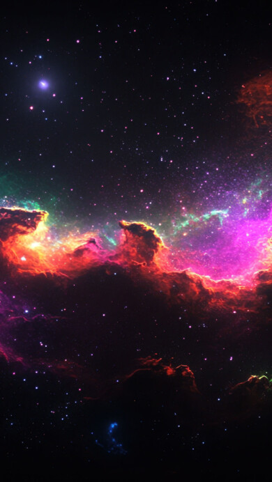 A stunning 4K wallpaper featuring a colorful cosmic nebula in deep space. The nebula glows with brilliant hues of pink, blue, and purple, creating a mesmerizing display of swirling gas and dust, while distant stars shine through the vibrant clouds of space.