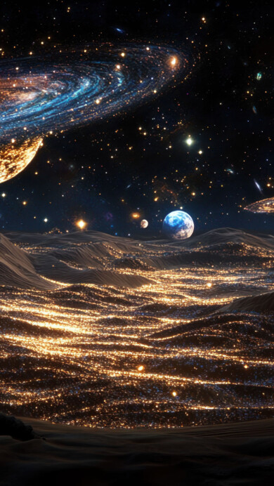 A stunning 4K wallpaper featuring a cosmic desert with floating spiral galaxies. Vast dunes stretch beneath a star-filled sky, where majestic galaxies swirl in the distance, casting a surreal glow over the landscape. A breathtaking fusion of space and desert scenery.