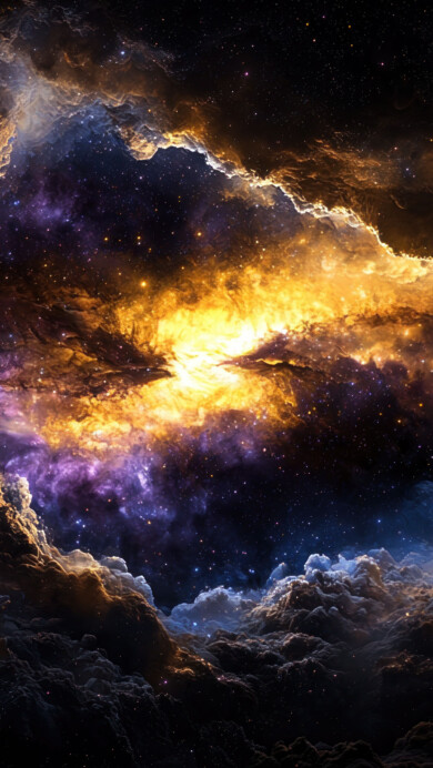 A stunning 4K wallpaper featuring a cosmic nebula explosion in deep space. Swirling clouds of gas and dust burst with vibrant colors, illuminating the surrounding stars in a breathtaking celestial display.