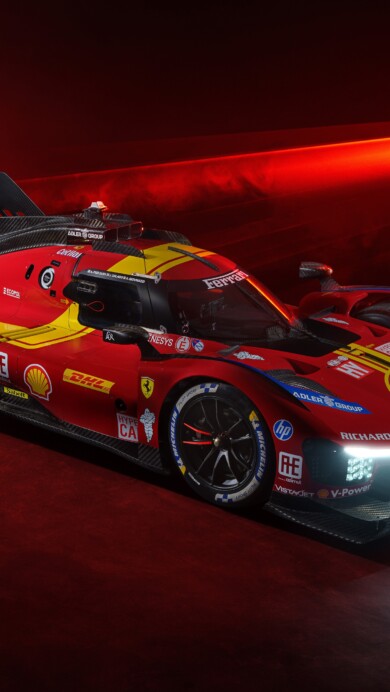A stunning 4K wallpaper of the Ferrari 499P 2025, showcasing its sleek aerodynamic design and bold racing livery, set against a dynamic background that highlights its speed and performance.