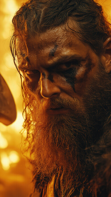 A stunning 4K wallpaper featuring a fierce Viking warrior engulfed in roaring flames. His battle-worn armor glows under the fiery blaze, while his intense gaze and raised weapon exude raw power and determination. Sparks and embers swirl around him, creating a dramatic and intense scene of Norse fury.