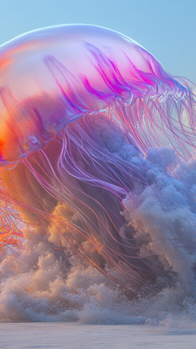 A stunning 4K wallpaper featuring a giant colorful jellyfish drifting gracefully through the ocean. Its bioluminescent body glows in vibrant hues of blue, pink, and purple, creating a mesmerizing and surreal underwater scene perfect for marine life enthusiasts and fantasy lovers. Simply click the download button to bring this masterpiece to life on your screen as a desktop wallpaper or save it for later in your picture collection.