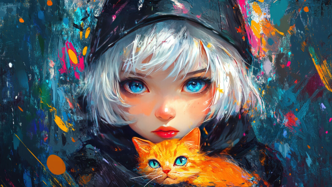 Girl Holding Cat Painting 4K Wallpaper