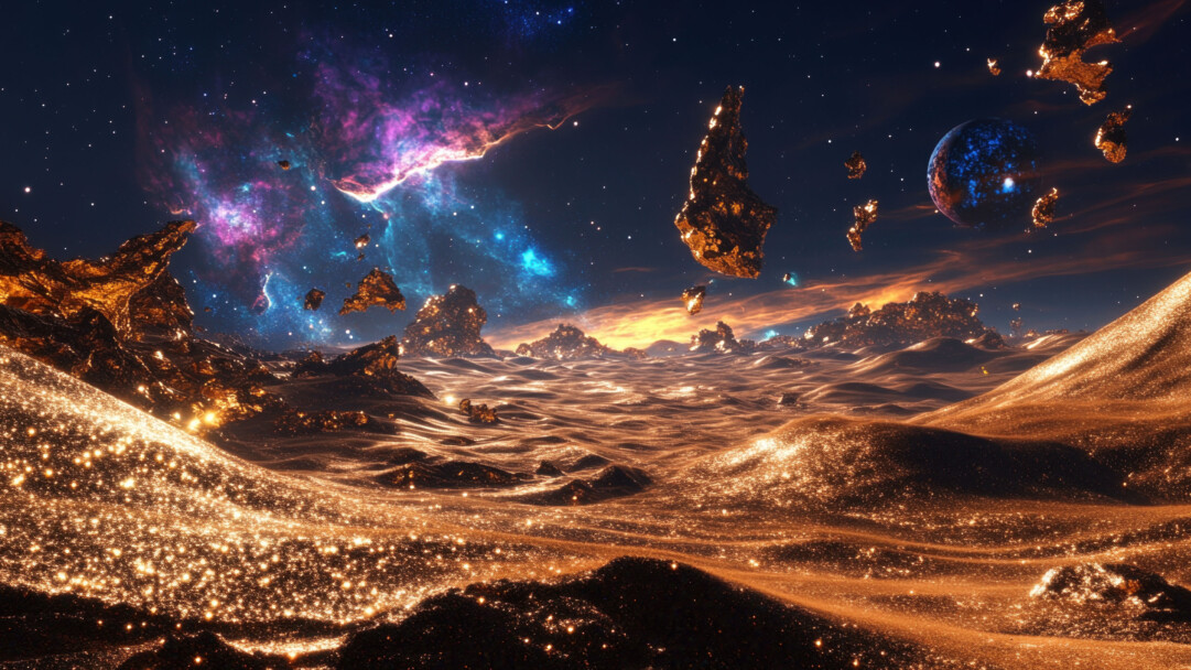 A breathtaking 4K wallpaper featuring a glittering alien planet with vast golden dunes stretching beneath a cosmic sky. The scene is illuminated by a radiant celestial glow, casting an otherworldly shimmer over the alien landscape, evoking a sense of mystery and wonder.