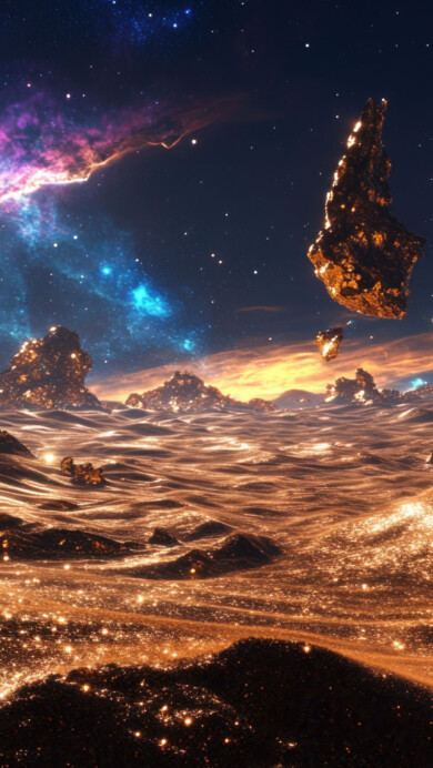 A breathtaking 4K wallpaper featuring a glittering alien planet with vast golden dunes stretching beneath a cosmic sky. The scene is illuminated by a radiant celestial glow, casting an otherworldly shimmer over the alien landscape, evoking a sense of mystery and wonder.