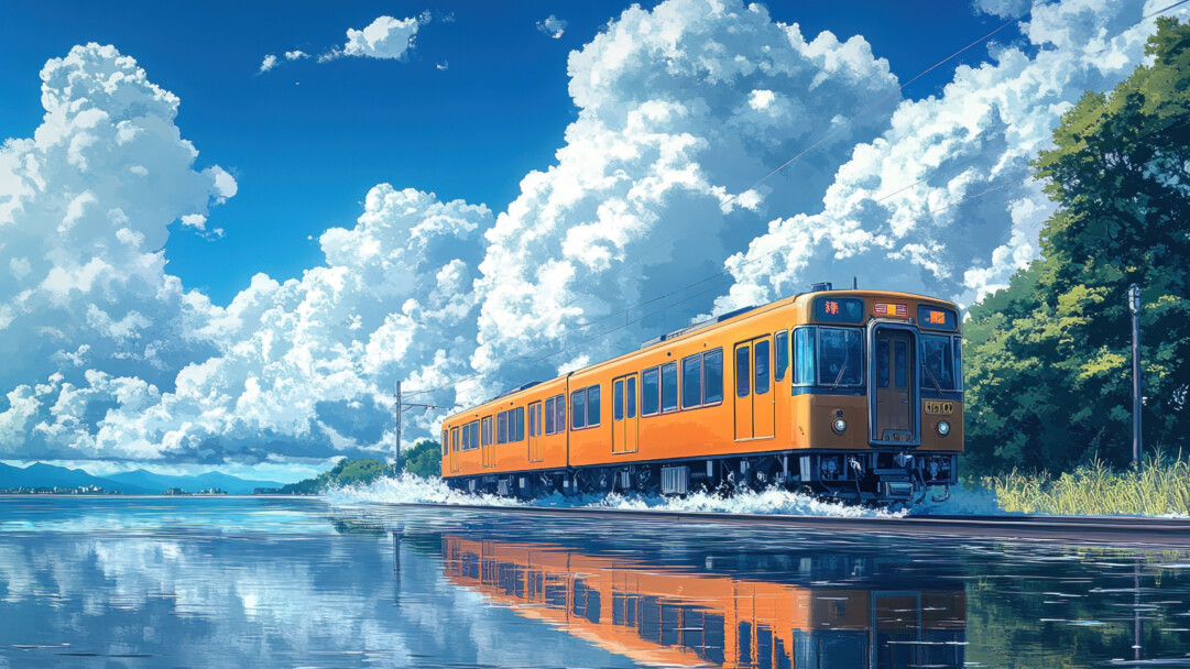 Orange Train On Water 4K Wallpaper