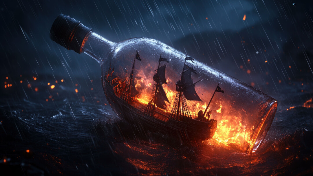 Pirate Ship Inside Glass Bottle 4K Wallpaper
