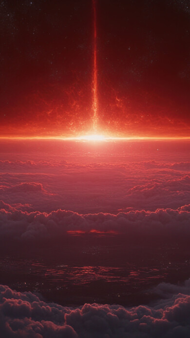 A mesmerizing 4K wallpaper showcasing a surreal red horizon above the clouds. The sky glows with deep crimson and fiery orange hues, casting an otherworldly light over the vast, billowing clouds. The dramatic contrast between the vibrant sky and soft cloud formations creates a dreamlike and ethereal atmosphere.