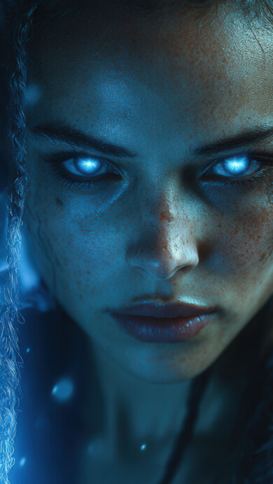 A stunning 4K wallpaper featuring a battle-hardened warrior with glowing blue eyes. Clad in intricate armor, the warrior stands amidst swirling mist, exuding an aura of power and mystery. The piercing glow of their eyes cuts through the darkness, hinting at an untold legend and an unstoppable force.