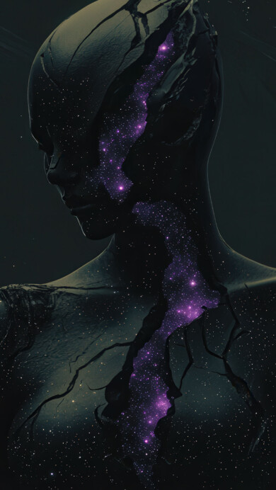 A mesmerizing 4K wallpaper featuring a celestial female figure emerging from a sea of starry fractures. Her form shimmers with ethereal light as cosmic shards and glowing constellations orbit around her. The dreamlike atmosphere evokes a sense of mystery and divine elegance in the heart of the universe.