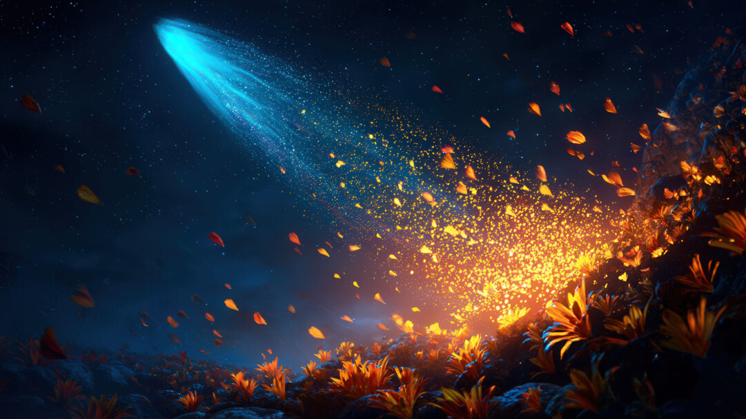 A breathtaking 4K wallpaper depicting a radiant blue shooting star streaking across a star-filled night sky. Below, a vibrant hillside blooms with fiery orange flowers, illuminated by a cascade of glowing petals and sparks, creating a magical fusion of celestial wonder and terrestrial beauty.