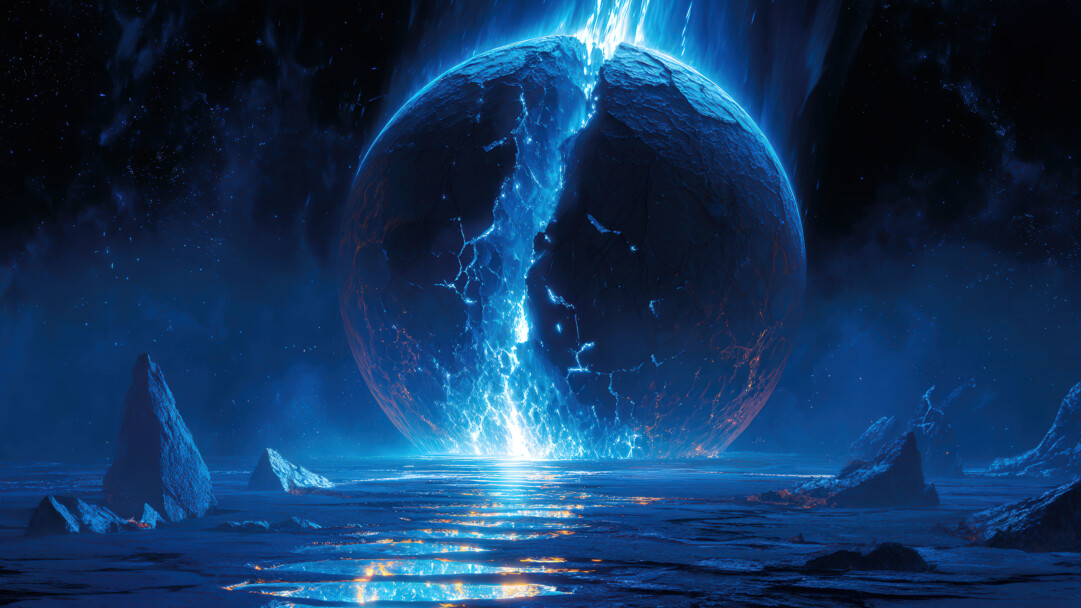 A stunning 4K wallpaper featuring a cracked blue planet suspended in the darkness of space. Jagged fractures glow with radiant energy, revealing a fiery core beneath the surface. Surrounded by distant stars and cosmic dust, the broken world evokes a sense of mystery and celestial drama.