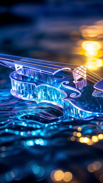 A mesmerizing 4K wallpaper featuring a crystal violin floating gracefully on a calm body of water. The translucent instrument sparkles with refracted light, casting delicate reflections on the glassy surface below. Surreal and serene, the scene blends elegance with tranquility in a dreamlike setting.