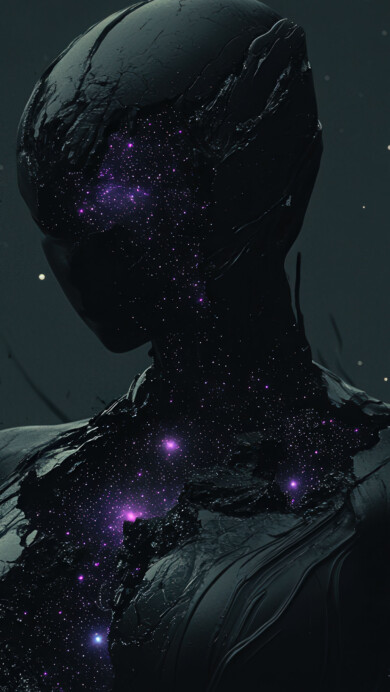 A mesmerizing 4K wallpaper depicting a celestial figure emerging from a radiant galaxy core. Ethereal light beams swirl around the spirit-like form, surrounded by shimmering stars and cosmic dust in a surreal, dreamlike space scene.