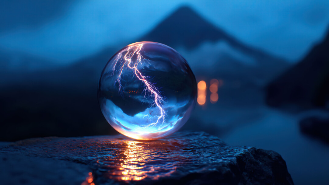 A surreal 4K wallpaper showing a glass orb suspended in midair as lightning dramatically strikes within and around it. The orb reflects crackling energy and glowing light, casting vivid electric patterns across a dark, stormy background, creating a powerful and futuristic visual impact.