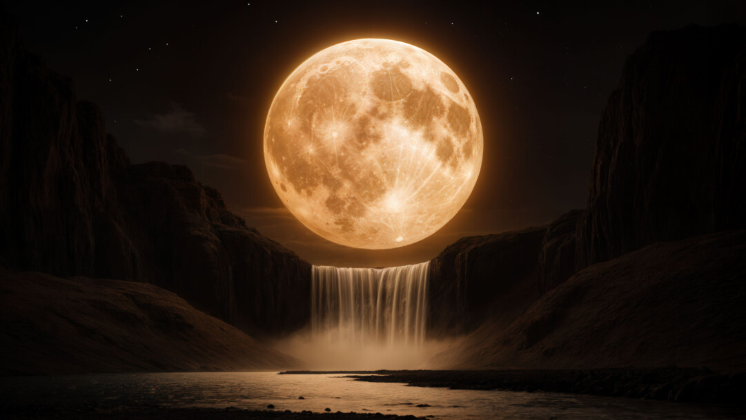 A stunning 4K wallpaper featuring a moonlit waterfall cascading through a tranquil night landscape. Soft moonlight bathes the falling water in a silvery glow, while the surrounding rocks and mist shimmer under the serene twilight sky. The scene evokes a sense of calm and wonder beneath the celestial light.