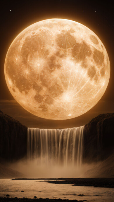 A stunning 4K wallpaper featuring a moonlit waterfall cascading through a tranquil night landscape. Soft moonlight bathes the falling water in a silvery glow, while the surrounding rocks and mist shimmer under the serene twilight sky. The scene evokes a sense of calm and wonder beneath the celestial light.