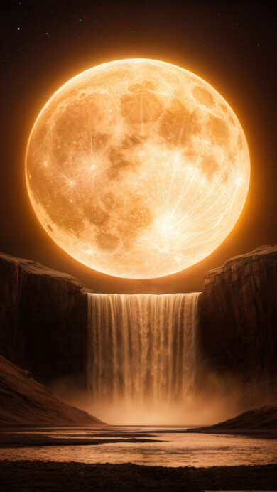 A mesmerizing 4K wallpaper featuring a lunar waterfall cascading under the cover of night. Silvery streams of water shimmer in the moonlight as they descend from rocky cliffs, surrounded by a tranquil, star-lit sky. The soft glow of the moon bathes the entire scene in a serene, dreamlike ambiance.