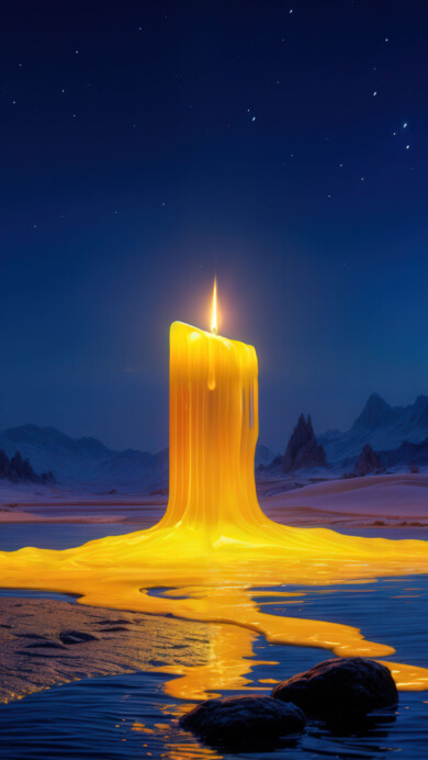 A surreal 4K wallpaper showing a melting candle standing alone in a silent desert night. Soft wax drips onto the cool sand, illuminated by the gentle flicker of the flame. The surrounding dunes cast long shadows under a moonlit sky, blending warmth and solitude in an eerie, dreamlike landscape.