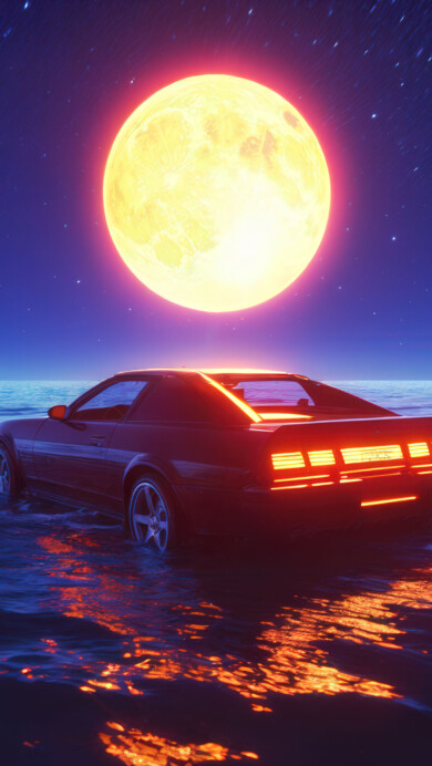 A mesmerizing nightscape featuring a sleek black sports car partially submerged in calm water. The car’s illuminated rear lights add a subtle contrast to the serene scene, while a glowing full moon dominates the backdrop.