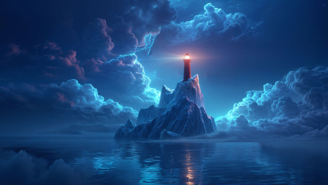A stunning 4K wallpaper featuring a solitary lighthouse glowing under a starry night sky. The calm sea reflects the soft beam of light as it cuts through the darkness, creating a serene and atmospheric coastal scene.