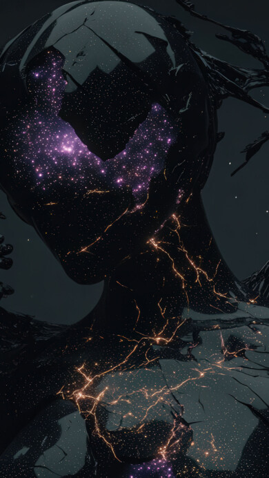 A mesmerizing 4K wallpaper showing a surreal cosmic figure dissolving into a field of stars. Shattered fragments of light and shadow drift through a galactic backdrop, creating a haunting yet beautiful blend of mystery and celestial wonder.