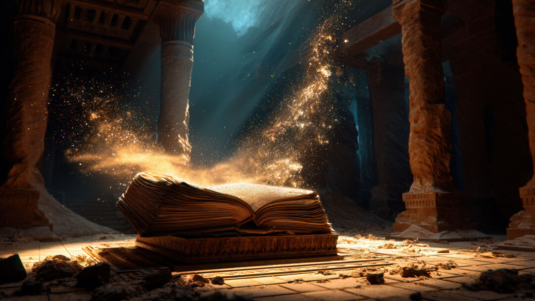 An ancient, weathered book lies open, its pages aglow with an ethereal, warm light emanating from intricate, illuminated illustrations and text, set against a dark, mysterious background.