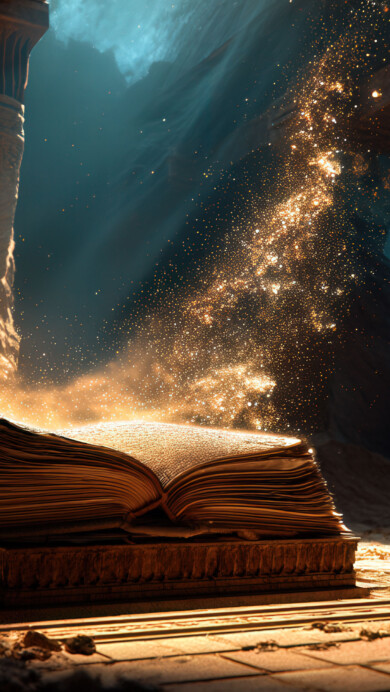 An ancient, weathered book lies open, its pages aglow with an ethereal, warm light emanating from intricate, illuminated illustrations and text, set against a dark, mysterious background.