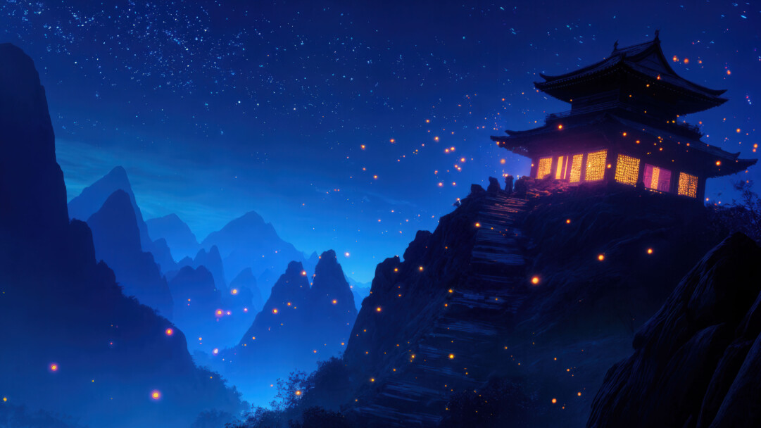 A breathtaking 4K wallpaper depicting an ancient shrine nestled high in the mountains. Surrounded by misty peaks and dense pine forests, the weathered stone structure exudes timeless spiritual energy. Soft sunlight filters through the clouds, casting a golden glow over the sacred sanctuary.