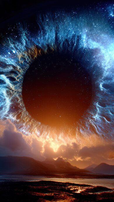 An awe-inspiring wallpaper depicts a giant, luminous cosmic eye staring out from the depths of space. Its iris is a swirling galaxy of vibrant stars and radiant nebulae, while tendrils of cosmic dust form the pupil. The surrounding darkness is punctuated by distant starlight, creating a sense of profound wonder and mystery.
