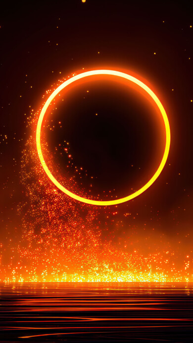 A dramatic image depicts a bright, fiery orange ring dominating a dark, star-filled night sky, casting a glowing reflection and illuminated particles onto a dark, reflective surface below, evoking the essence of a mysterious eclipse.