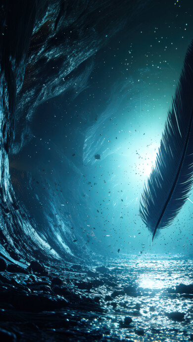 A surreal 4K wallpaper depicting a single feather gently floating through the air inside a mysterious cave. Soft light beams filter through narrow openings above, illuminating the cave's damp stone walls and casting ethereal reflections on the water below, creating a calm yet enigmatic atmosphere.