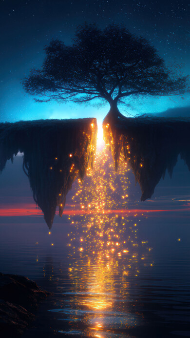 A surreal 4K wallpaper depicting a floating island with a lone tree under a starry night sky. The island hovers above the clouds, illuminated by a soft moonlight that casts gentle shadows on the tree and grassy surface, evoking a dreamlike, magical atmosphere.