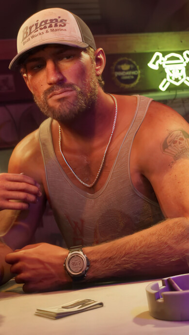 A gritty 4K wallpaper depicting Jason from GTA 6 leaning against a neon-lit bar counter. The dimly lit atmosphere is filled with moody shadows and vibrant reflections, capturing the edgy, crime-filled vibe of Vice City nightlife in stunning detail.