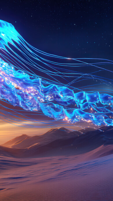 A surreal 4K wallpaper depicting glowing jellyfish drifting above a desert landscape under a dark, starlit sky. Their bioluminescent tentacles shimmer in vibrant hues of blue and purple, casting an ethereal glow across the sand dunes in this dreamlike fusion of sea and desert.