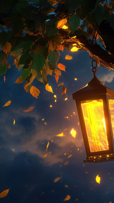 A captivating 4K wallpaper depicting a glowing lantern swaying gently in a twilight breeze. The lantern casts a warm, golden light against the deepening blue sky, with delicate petals and leaves fluttering nearby, evoking a sense of calm and quiet reflection.