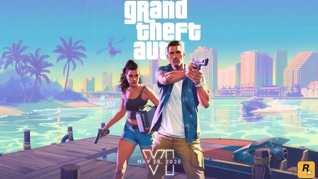 Grand Theft Auto VI promotional image featuring protagonists Lucia and Jason armed on a pier, with a sunlit Vice City-inspired skyline, speedboat, and helicopter in the background, conveying action and adventure.