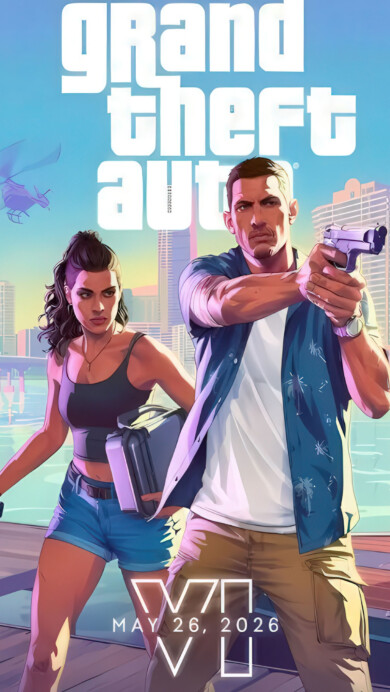 Grand Theft Auto VI promotional image featuring protagonists Lucia and Jason armed on a pier, with a sunlit Vice City-inspired skyline, speedboat, and helicopter in the background, conveying action and adventure.