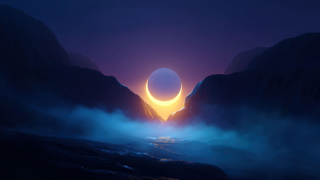 A stunning 4K wallpaper depicting the first light of dawn illuminating a mist-covered valley beneath a glowing full moon. Soft lunar light reflects off the fog, casting ethereal shadows across the quiet landscape of rolling hills and distant peaks.